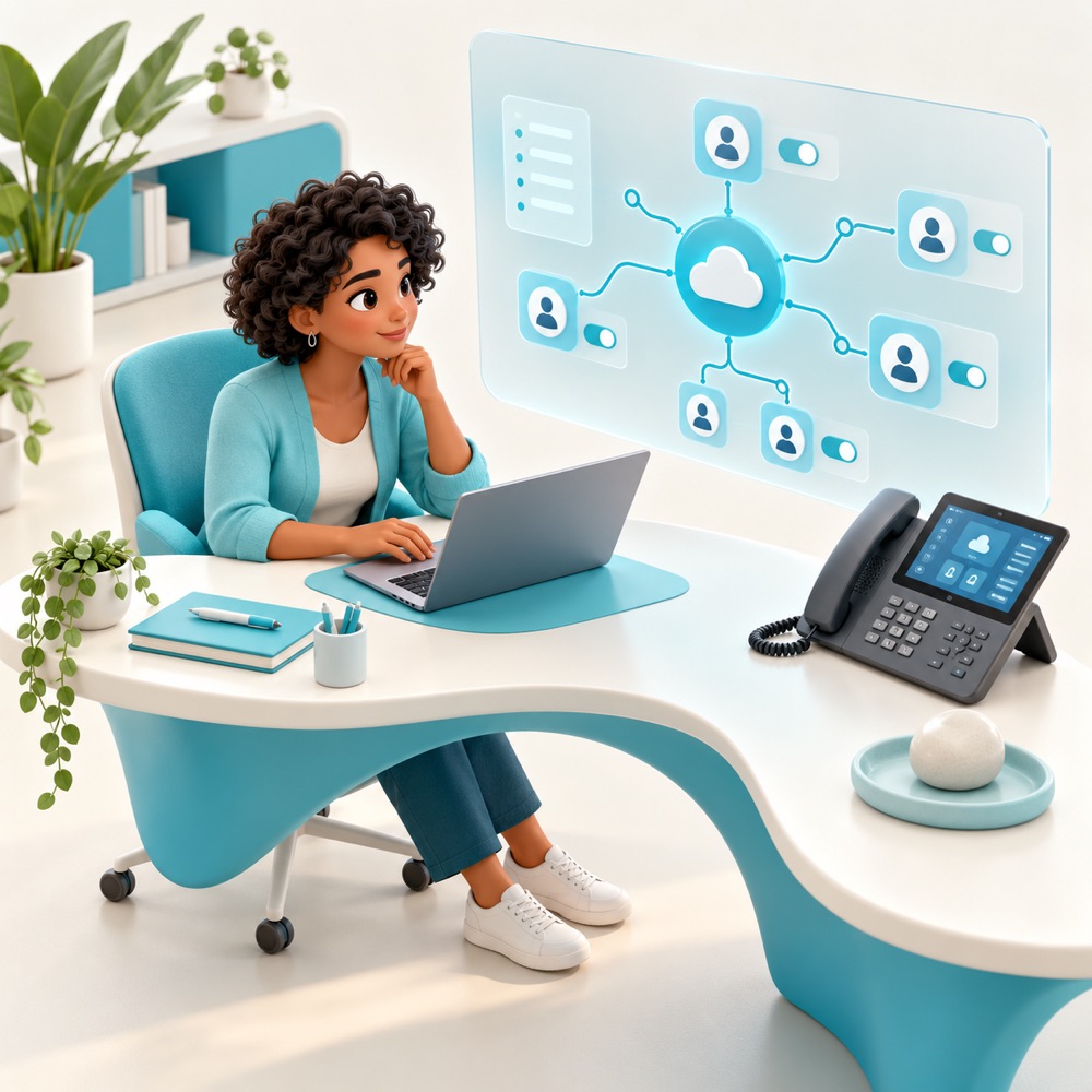 Mitarbeiterin richtet am Laptop eine Cloud-Telefonanlage ein